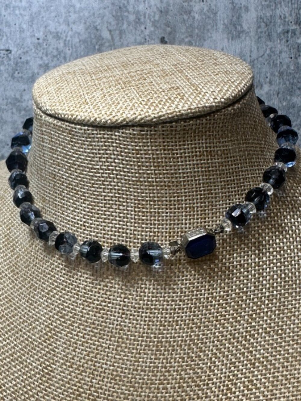 Vintage Made in Czechoslovaskia black & white faceted beads w/ blue stone clasp